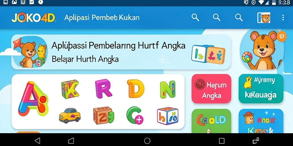 Antarmuka JOKO4D dengan fitur Belajar Huruf Angka yang menarik.