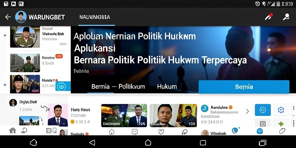 Antarmuka aplikas WARUNGBET menampilkan berita politik dan hukum.