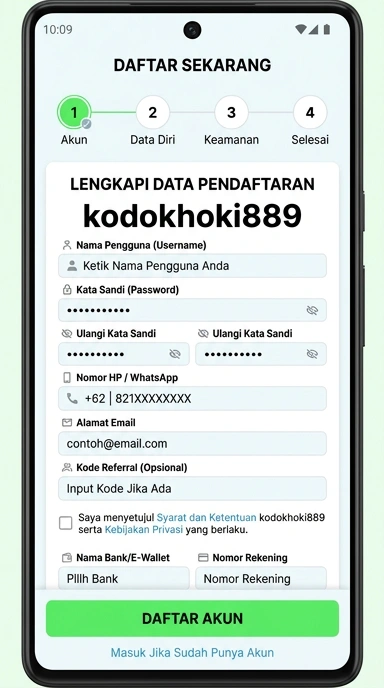 Tampilan halaman daftar kodokhoki889